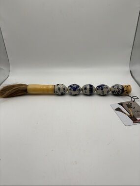ShuFa Calligraphy Brush with Blue and Cream Ceramic Beads